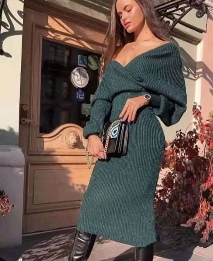 Women's's Long Sleeve Sweater Skirt Two Piece Set Outfits Knitted Suit Solid Suit