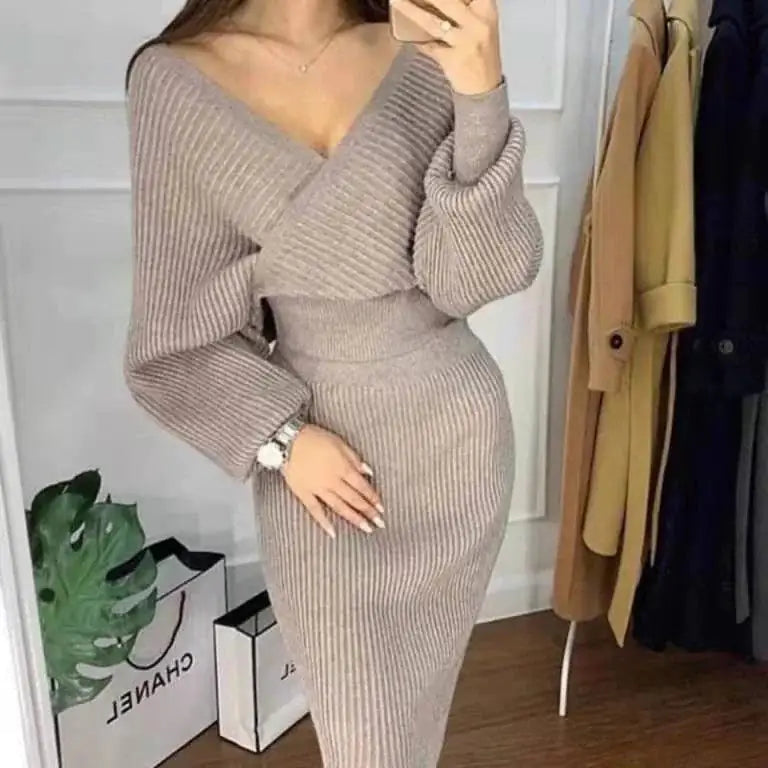 Women's's Long Sleeve Sweater Skirt Two Piece Set Outfits Knitted Suit Solid Suit