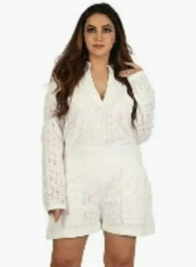 Summer Women's Two Piece Set Eyelet Embroidery Buttoned Shirt Top & Short