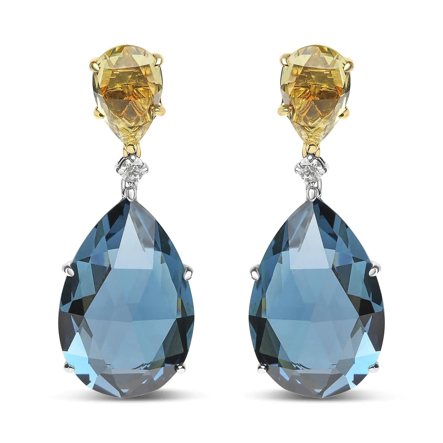 18K White and Yellow Gold 1/5 Cttw Diamond with Pear Cut Lemon Quartz and Pear Cut London Blue Topaz Gemstone Dangle Earring (G-H Color, SI1-SI2 Clarity)